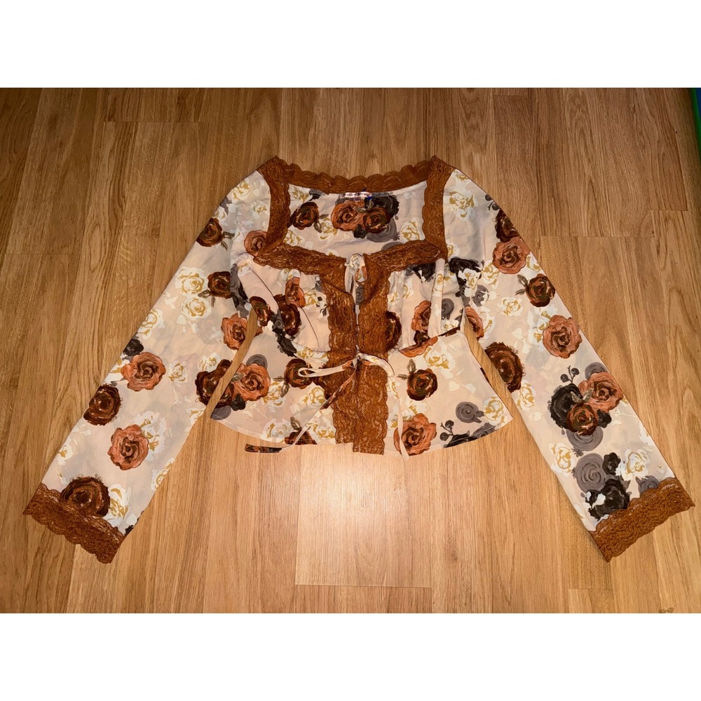 Bailey Rose Floral Lace Trim Peplum Top Rust Brown Long Sleeve Square Neck Small